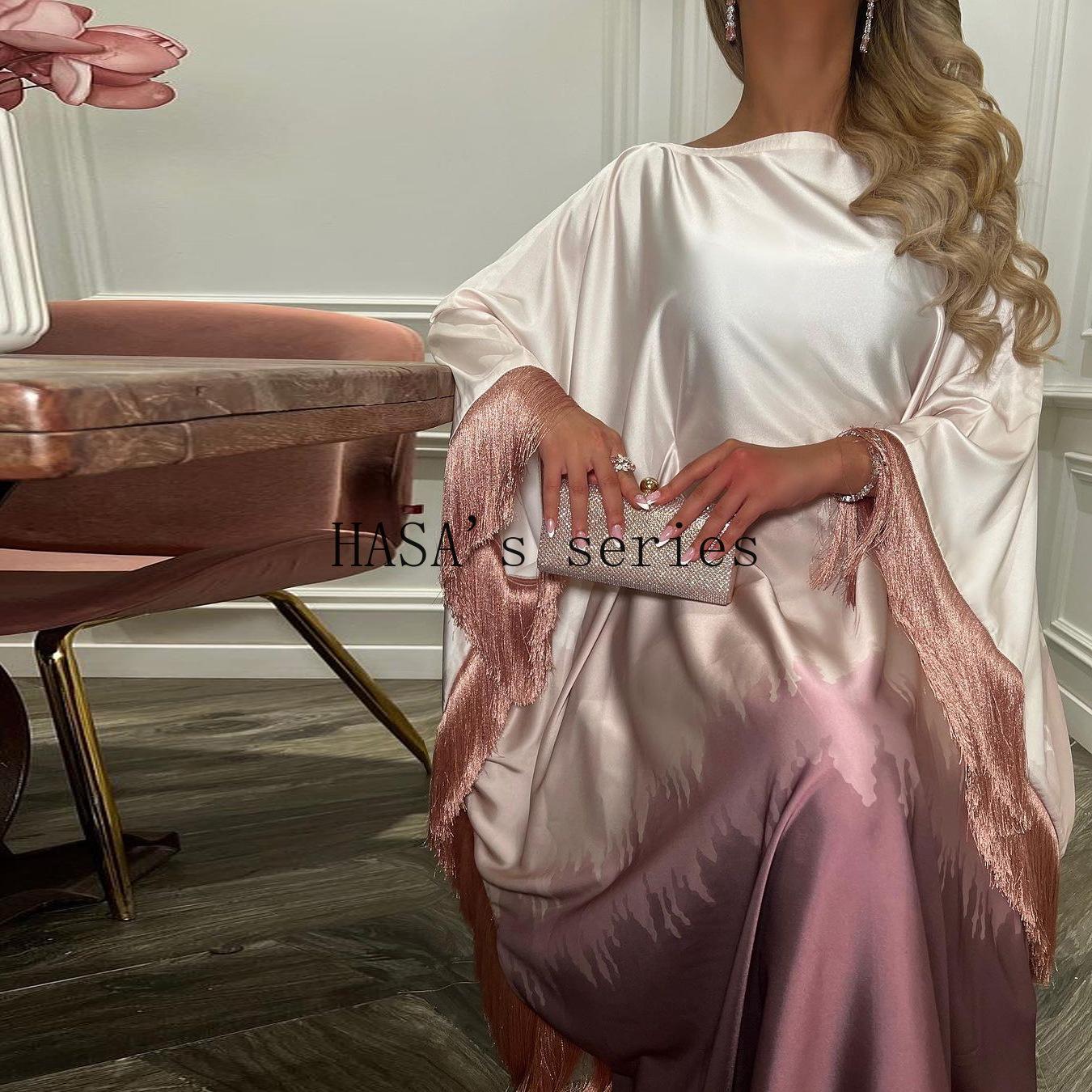 HS5095 Romantic Gradient Fringed Robe, Elegant Printed Long Dress