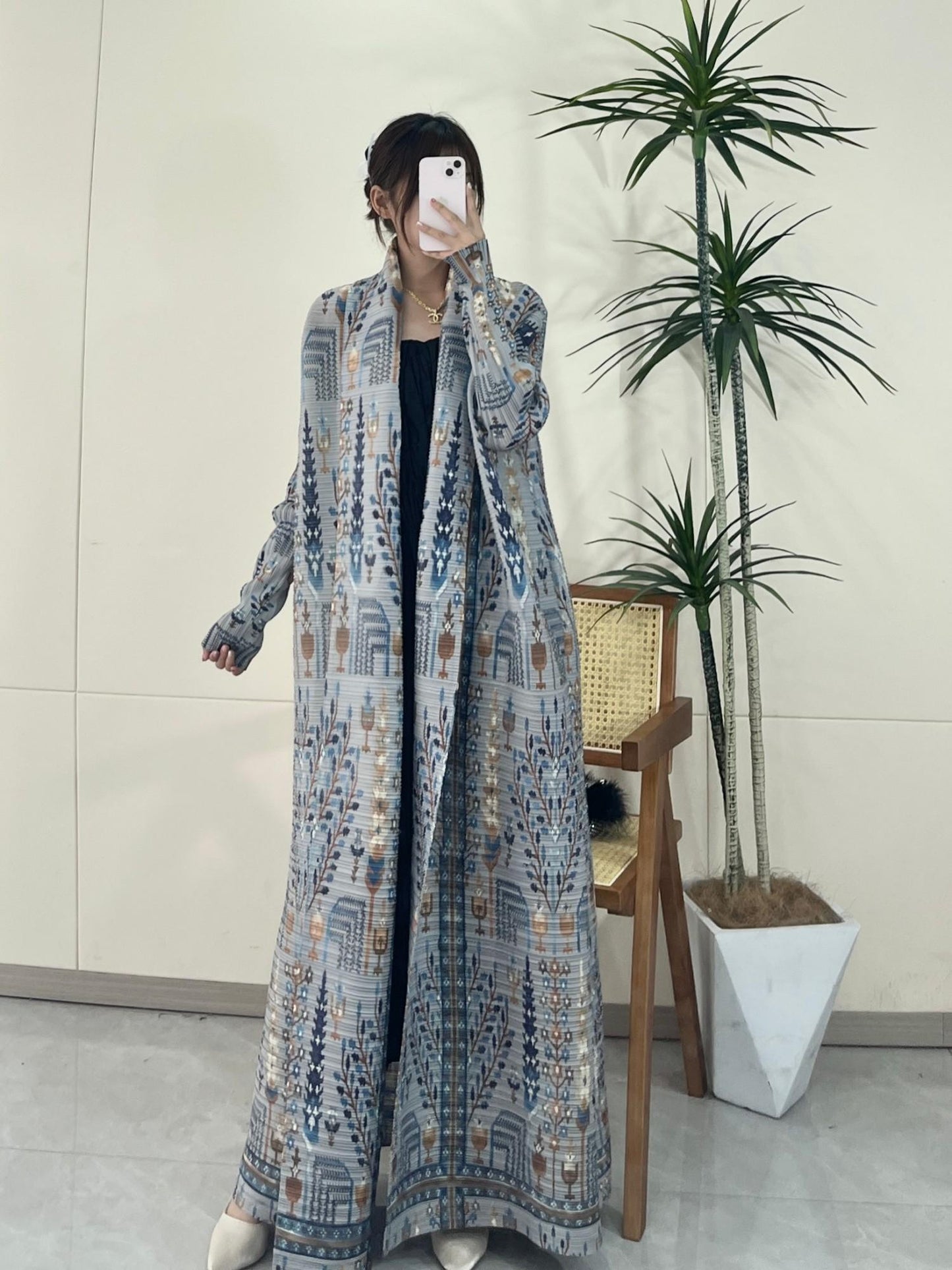 HS5842 Vintage-style Textured Open-front Long Coat