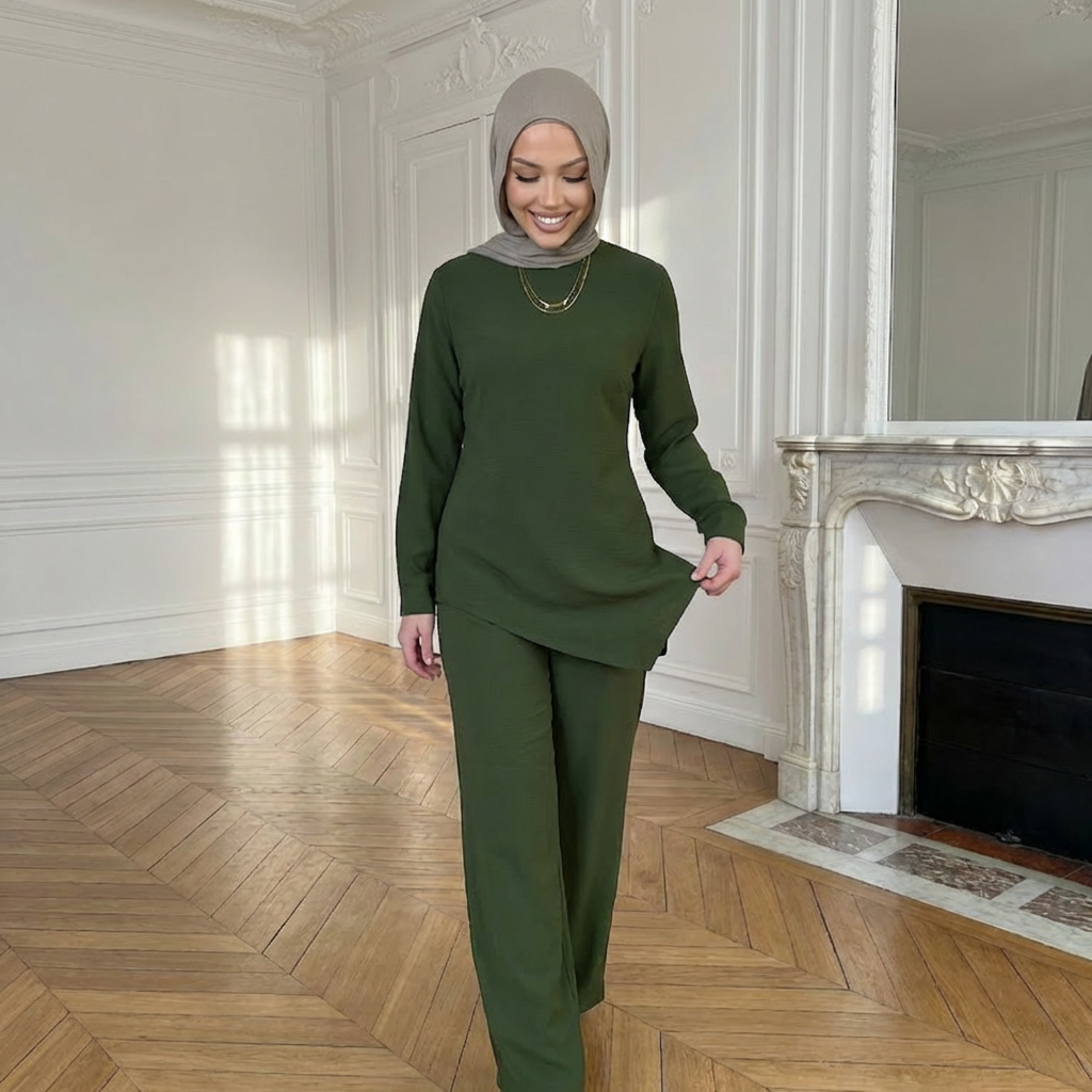 HA6614 Modest Nida Two-Piece Set with Waist Tie & Pocket Trousers