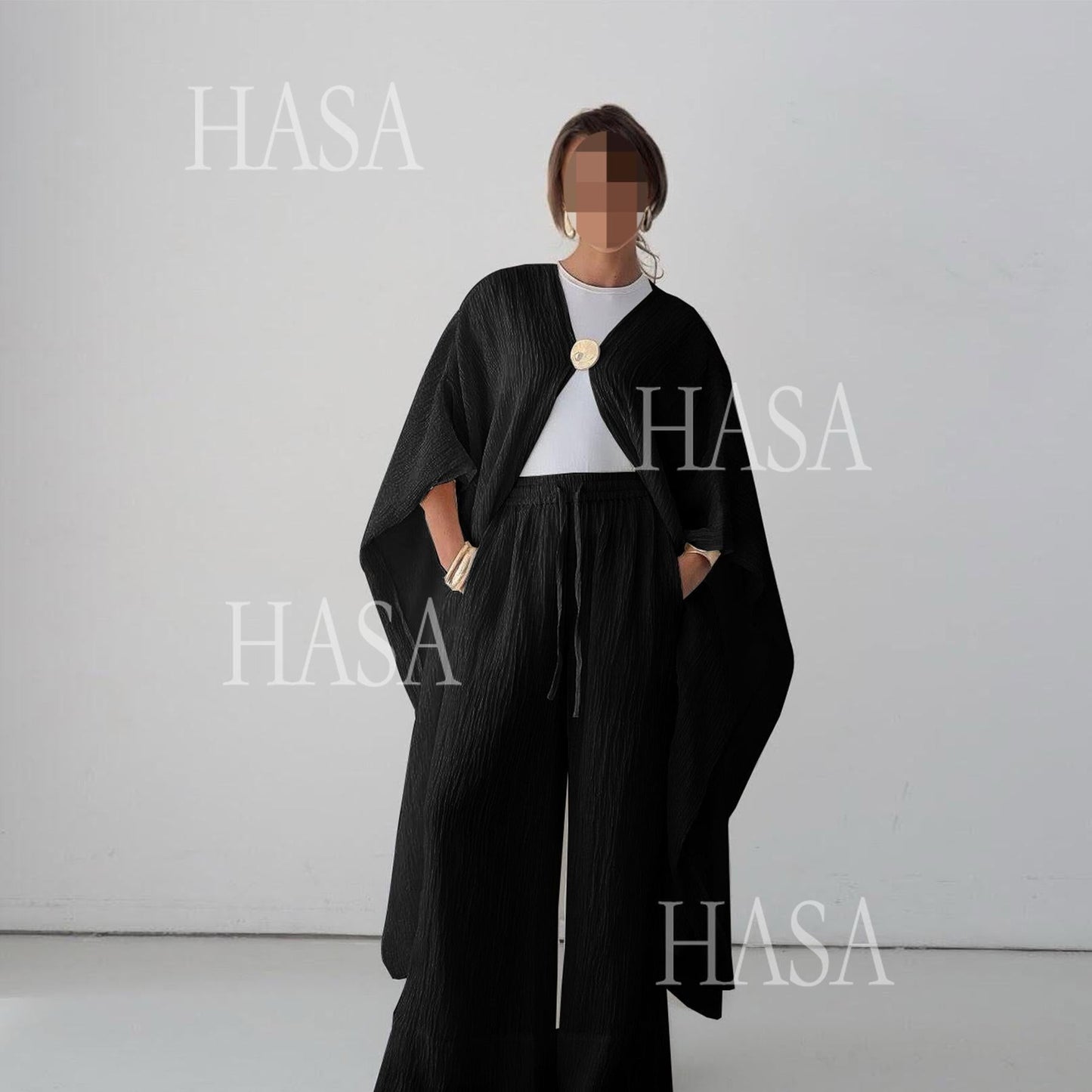 HA6486 Simple Cardigan with Wide-leg Pants, Solid Color Daily Two-piece Suit