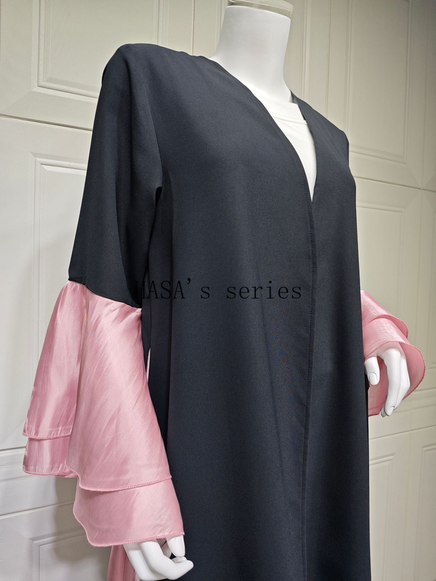 HS5106 A Soft and Elegant Long Satin Dress with Classic Design and Ruffled Sleeves.