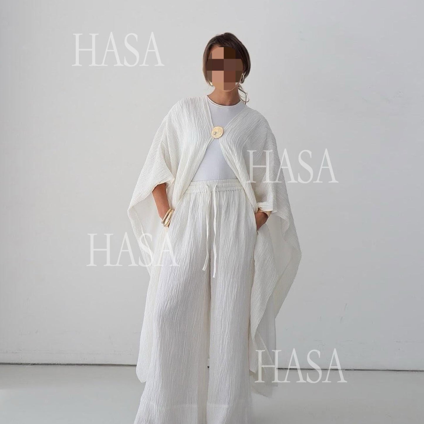 HA6486 Simple Cardigan with Wide-leg Pants, Solid Color Daily Two-piece Suit