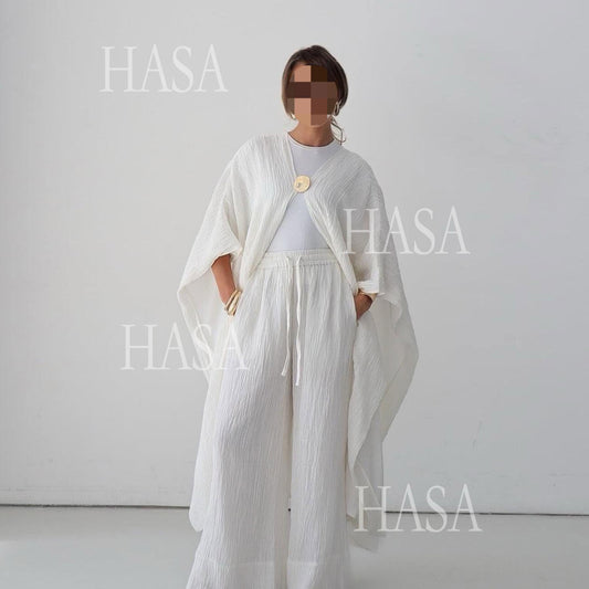 HA6486 Simple Cardigan with Wide-leg Pants, Solid Color Daily Two-piece Suit