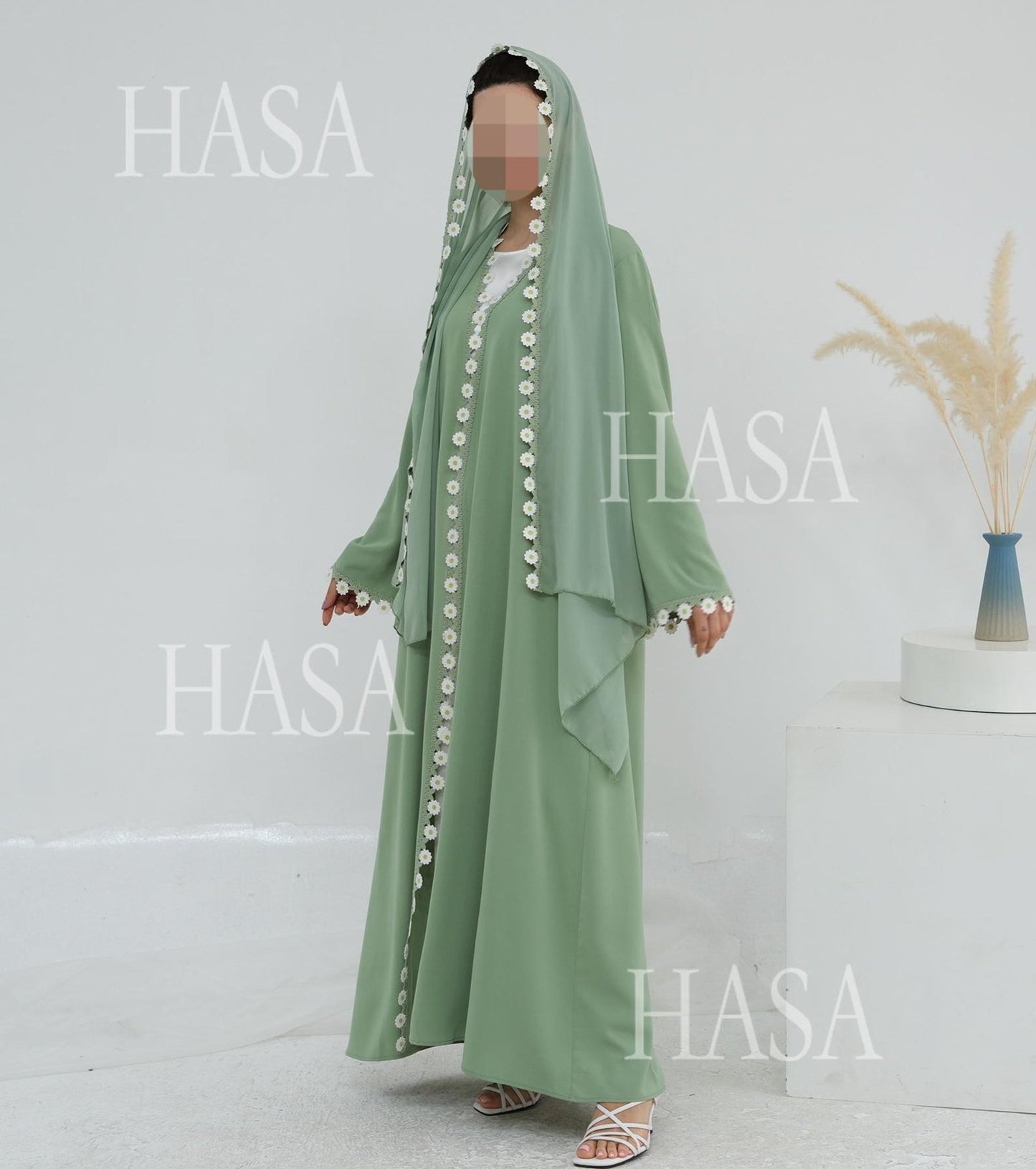 HA6616 Green Flower Stitching Cardigan Two-Piece Set (Including Headscarf)