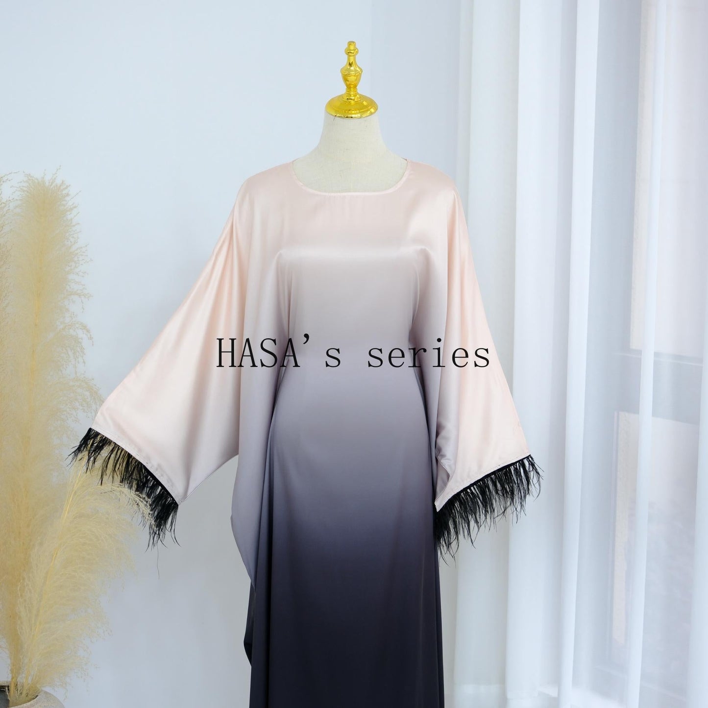 HS5111 Gradient-colored Fringed Long Dress, Romantic Dress with Batwing Sleeves.