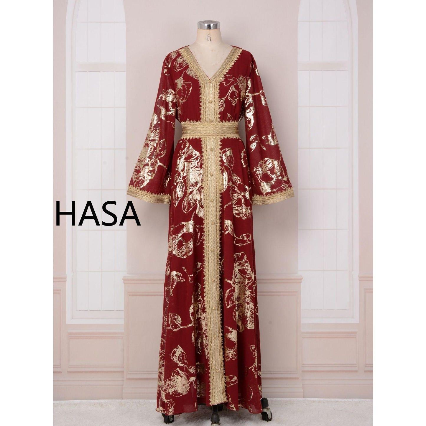HA1249 Elegant Floral Abaya with Golden Detailing