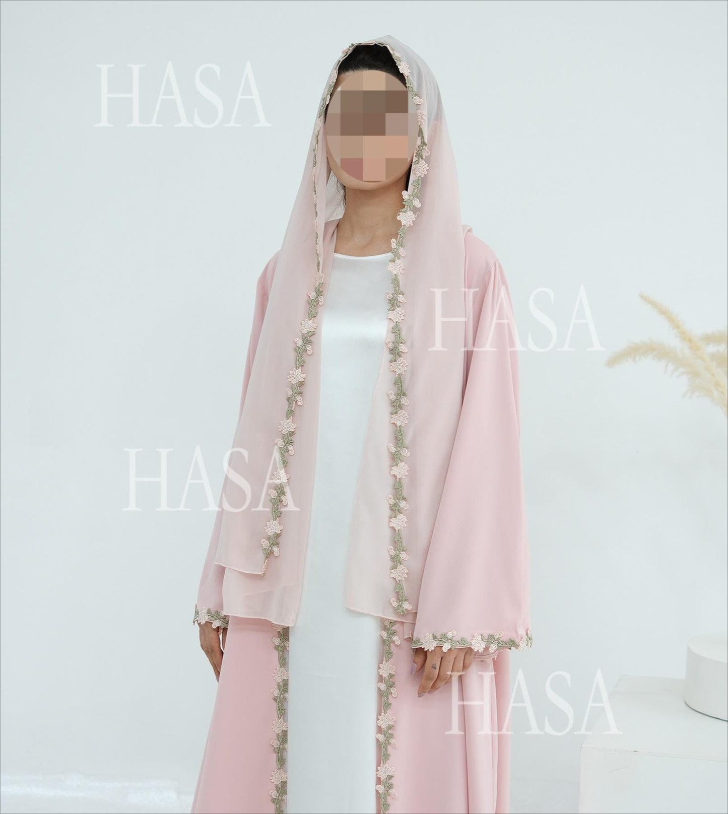 HA6618 Pink Flower Stitching Cardigan Two-Piece Set (Including Headscarf)