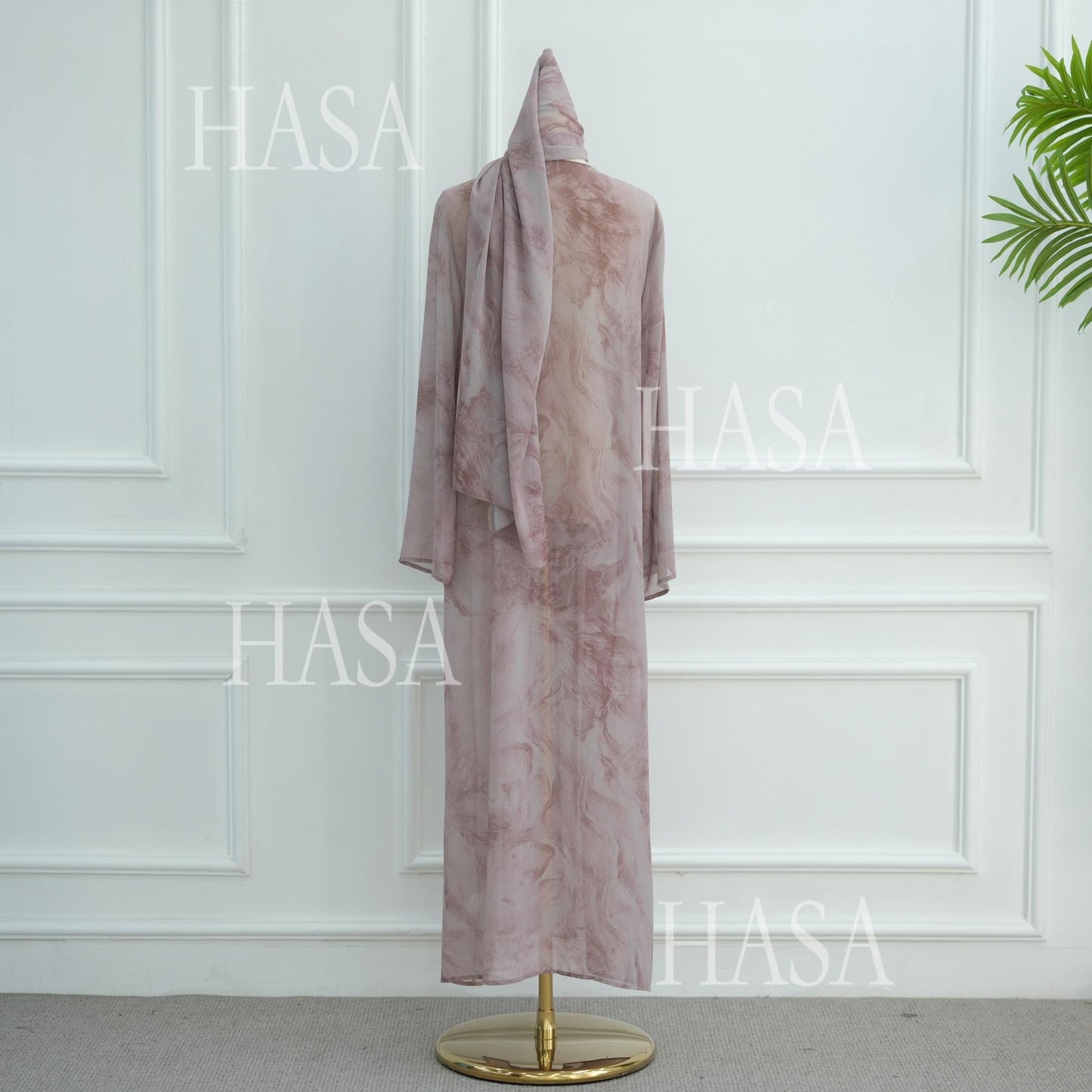 HA6551 Printed Abaya Cardigan with Matching Scarf Two-Piece Set