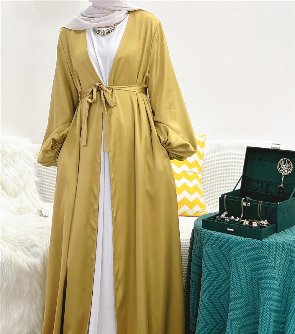 HAYA0481 Solid Color Satin Coat Robe Open Abaya