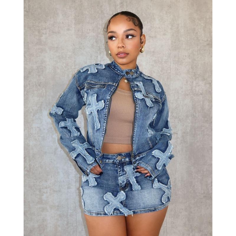 HS6391 Primavera Nuovo Set Gonna in Denim Set Giacca Gonna Ricamata in Denim