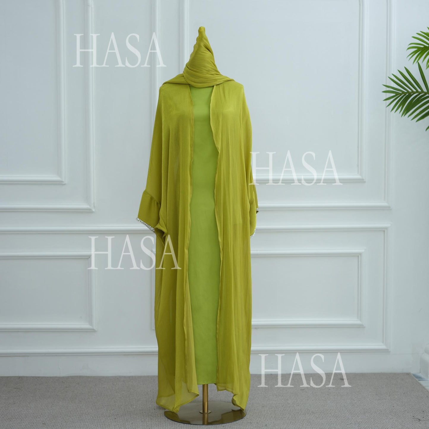 HA6553  Two-Piece Solid Abaya with Beaded Details and Matching Scarf Option