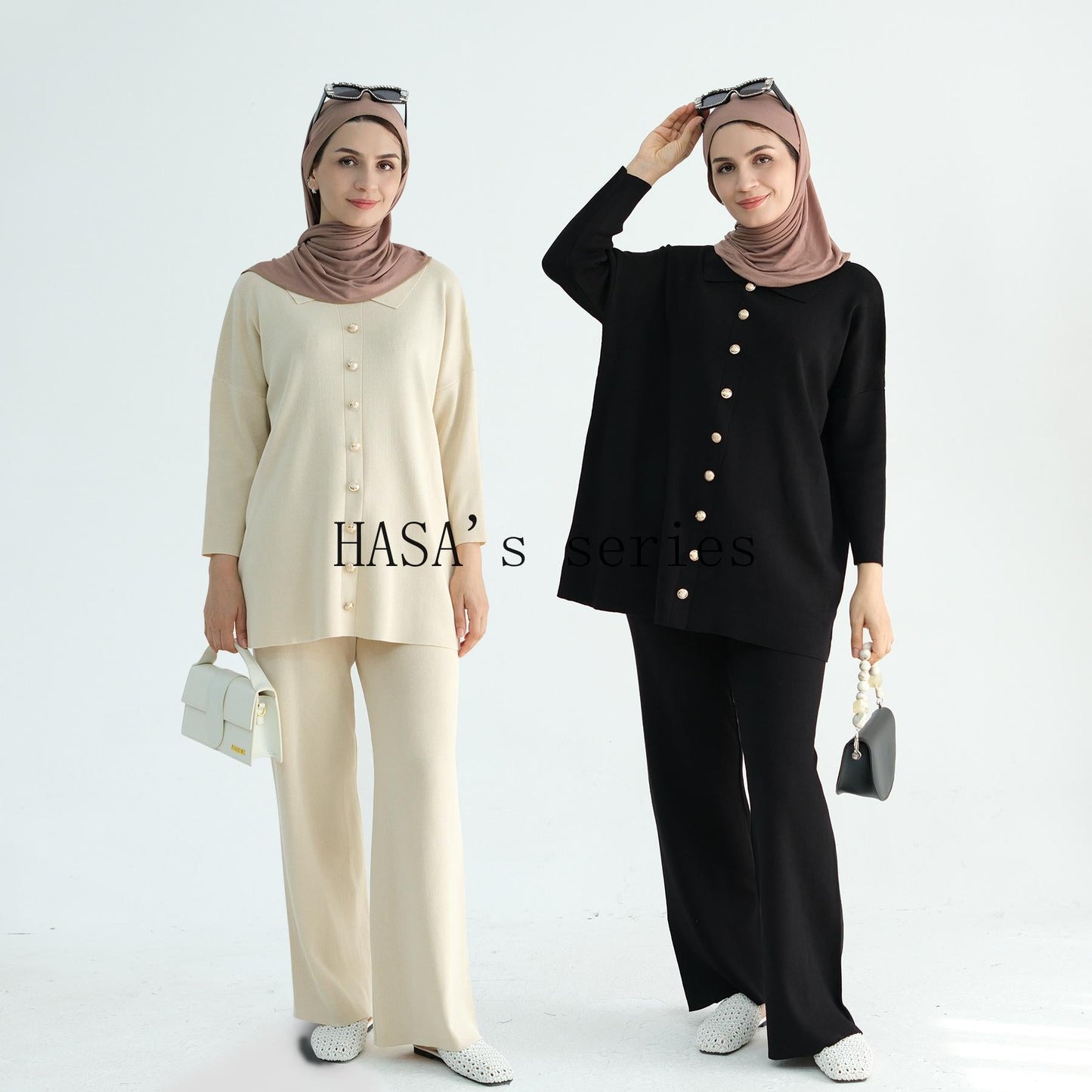 HS5100 Simple and stylish knitted two-piece set, featuring a thickened long-sleeved top and wide-leg pants.