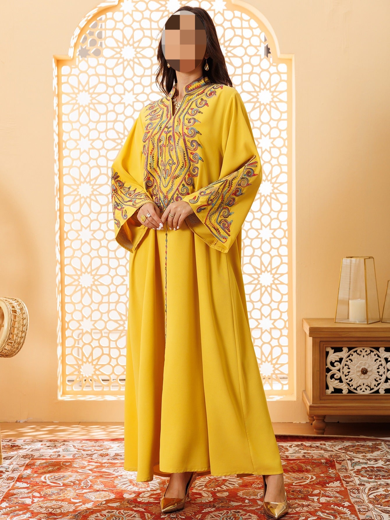 HA6669 Pullover Embroidered Robe Dress with Simple Long Sleeves