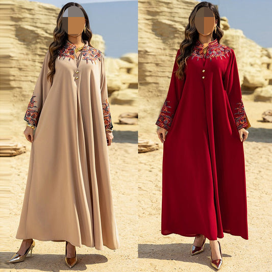 HA6655 Embroidered loose-fitting long dress | Soft drape and delicate cuff design