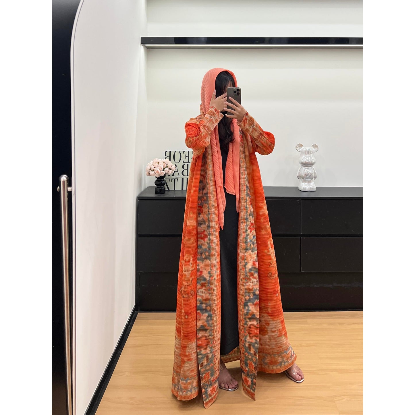 HASASERIES HS6714 Desert Bloom Vibrant Orange Abaya with Floral Prints