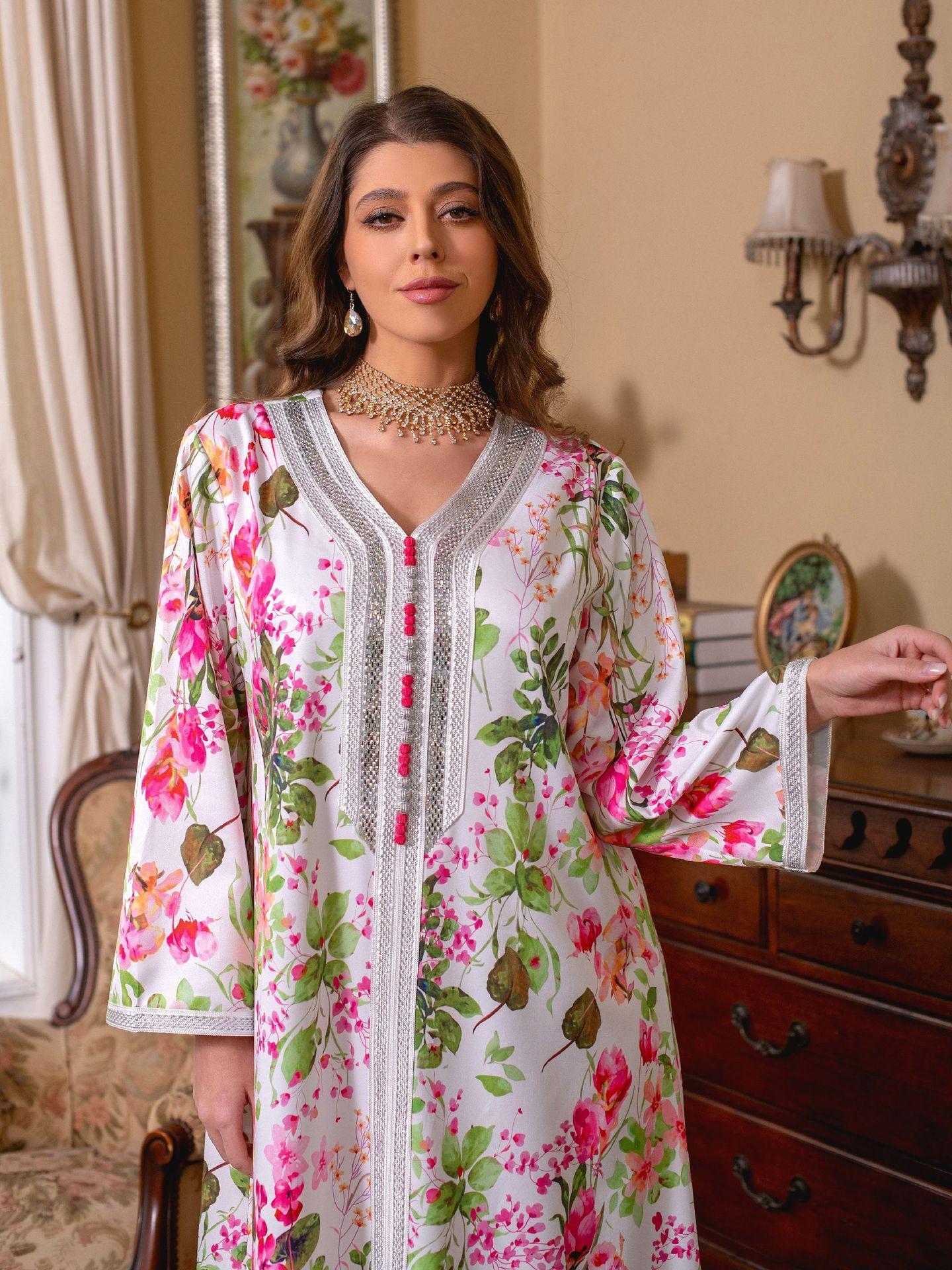HAYA HAYA1075 Abaya Robe New Printed Rhinestone Dress