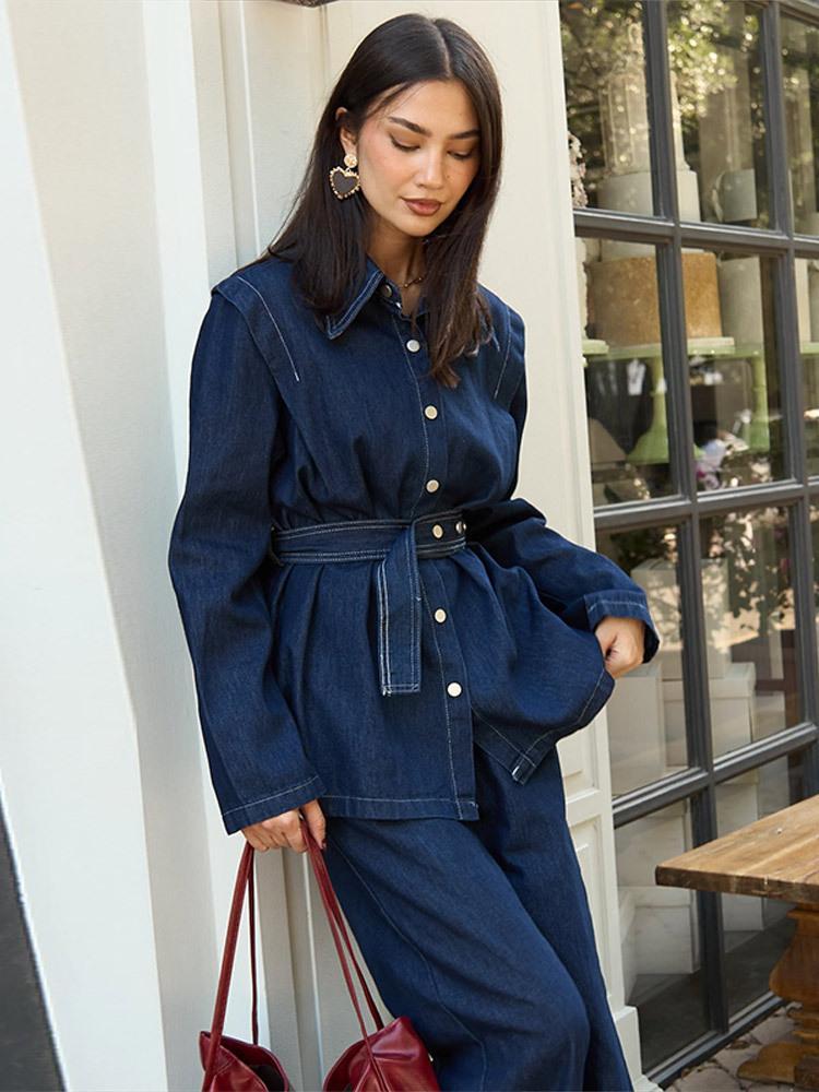 HA5890 Completo in Denim Lavato Primaverile Per Donne Con Cintura, Giacca Monopetto A Maniche Lunghe E Pantaloni A Vita Alta