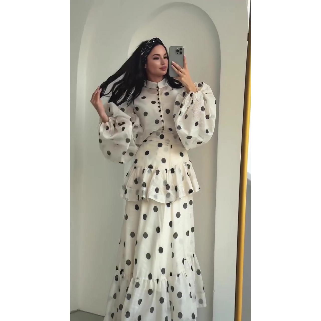 HS6732 Vintage Polka Dot Co-ord Set Puff Sleeve Blouse & Long Ruffle Skirt Outfit