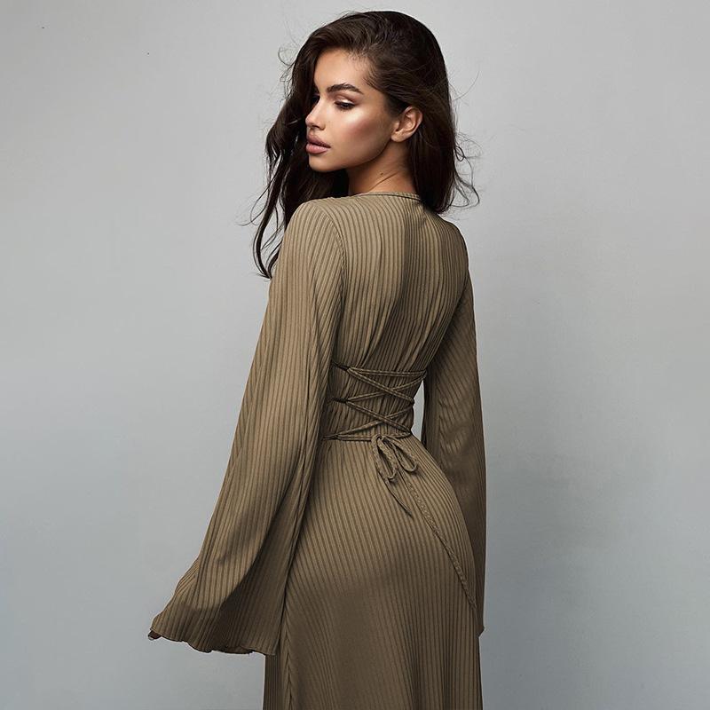 HAYA HAYA0676 Flared Long Sleeved High Waist Maxi Skirt with Lace-up Back