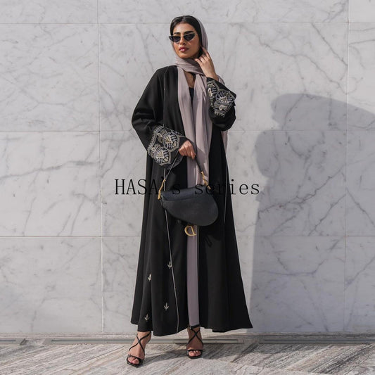 HS5090 Classic black embroidered patchwork robe, designed as a loose, open-front dress.