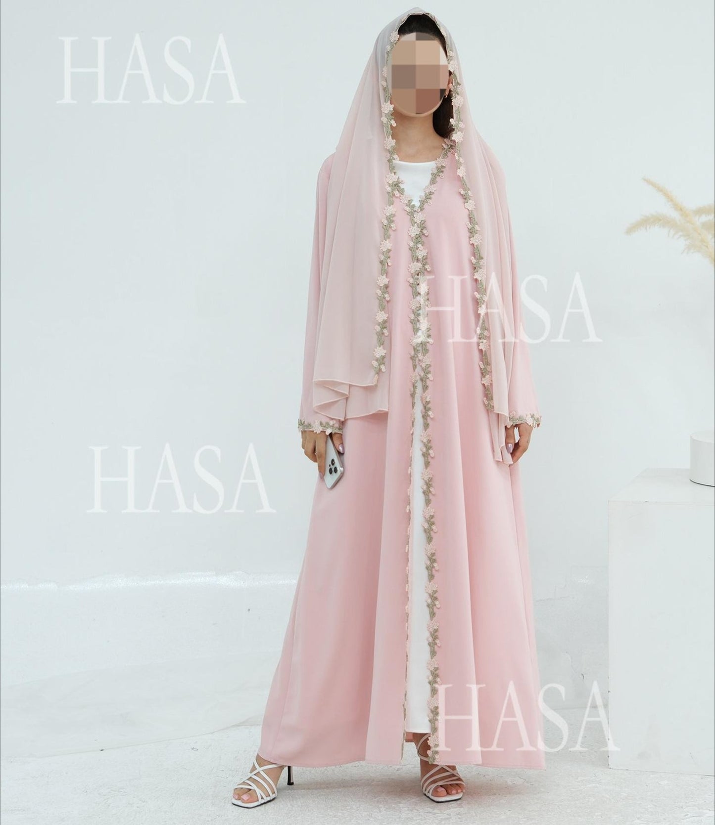 HA6618 Pink Flower Stitching Cardigan Two-Piece Set (Including Headscarf)