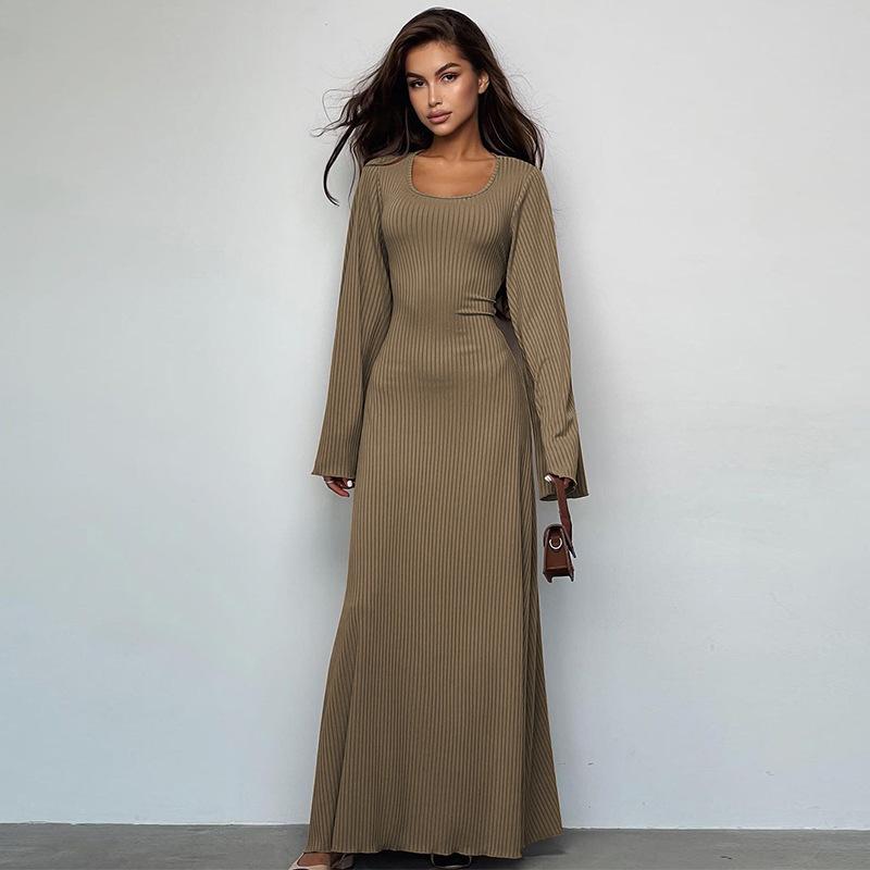 HAYA HAYA0676 Flared Long Sleeved High Waist Maxi Skirt with Lace-up Back