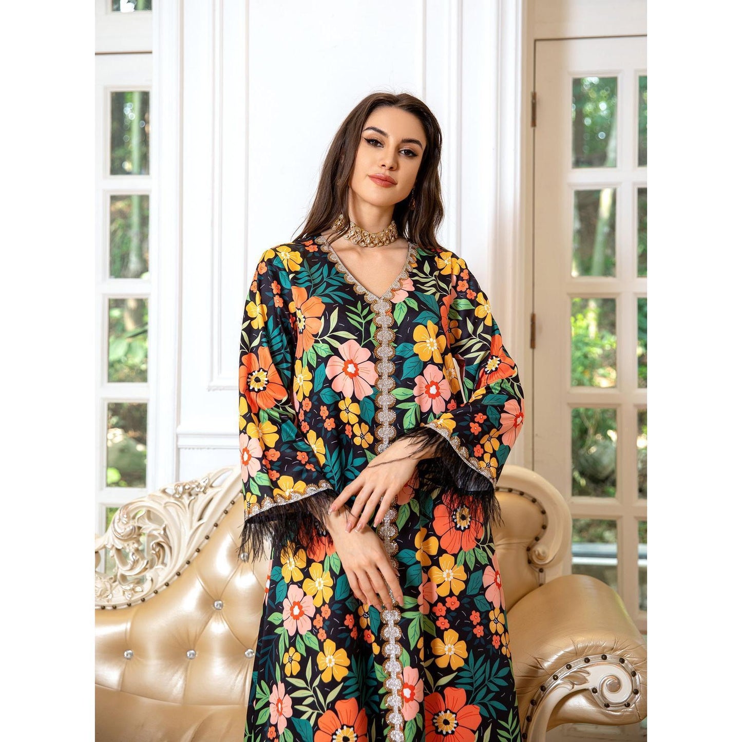 HAYA HAYA1078 Printed Diamond Camel Hair Dress
