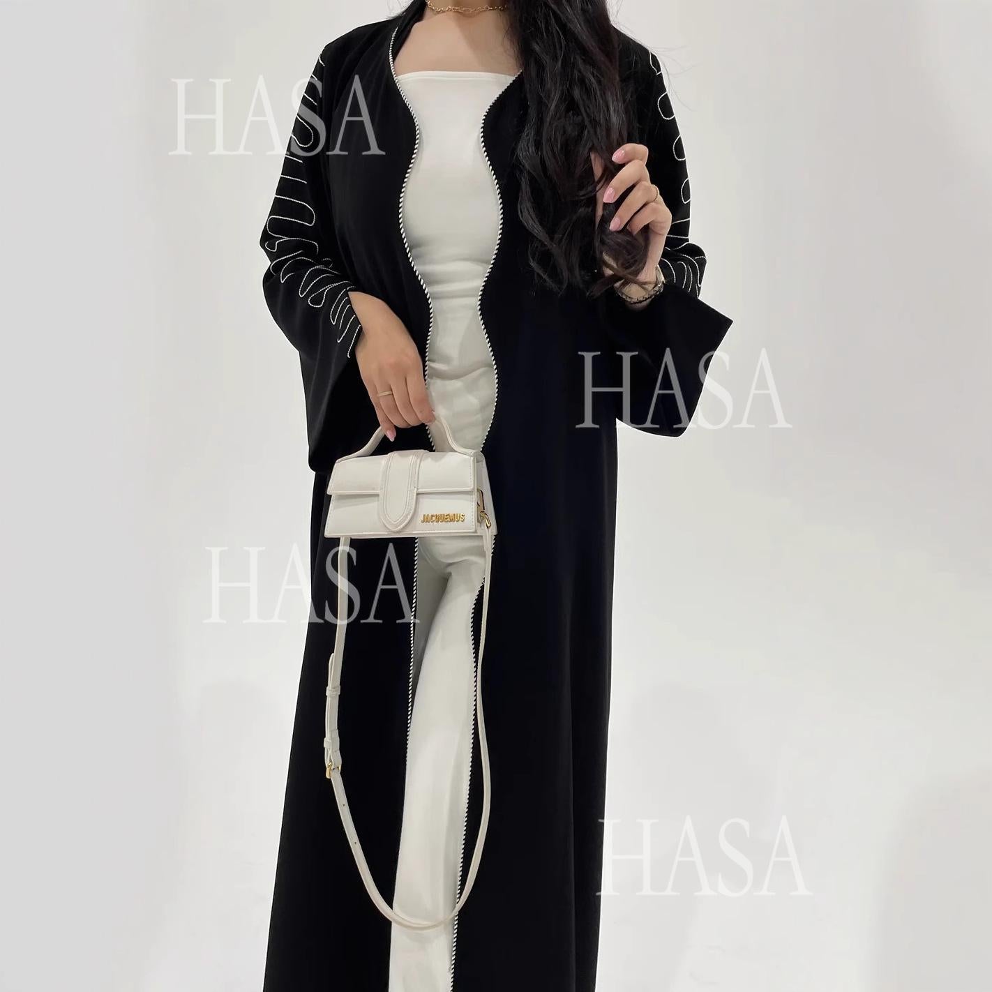HASA's Series HA6582 Abaya Women's Long Embroidered Cardigan Jacket with Wavy Edges