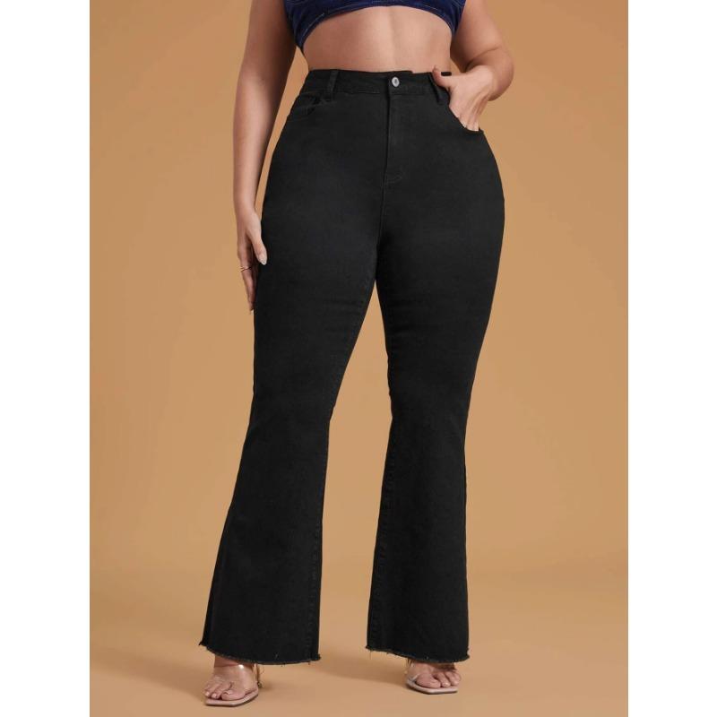 HS2331 Plus Size Black Stretchy Frayed-hem Wide-leg Flare Jeans