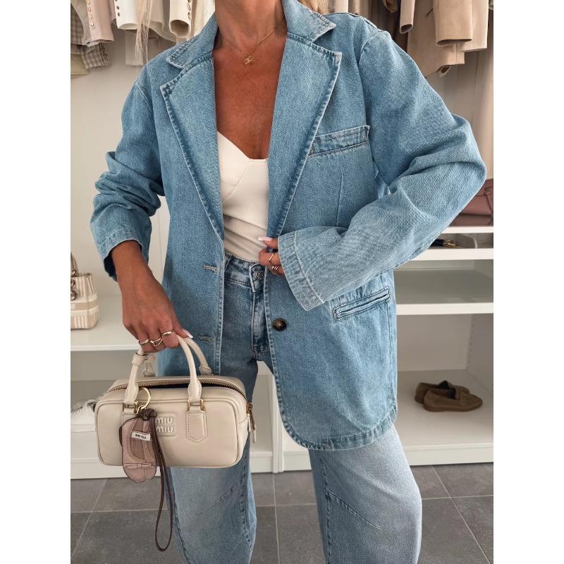 HA6181 Fashionable Casual Loose Washed Blue Denim Women's Blazer