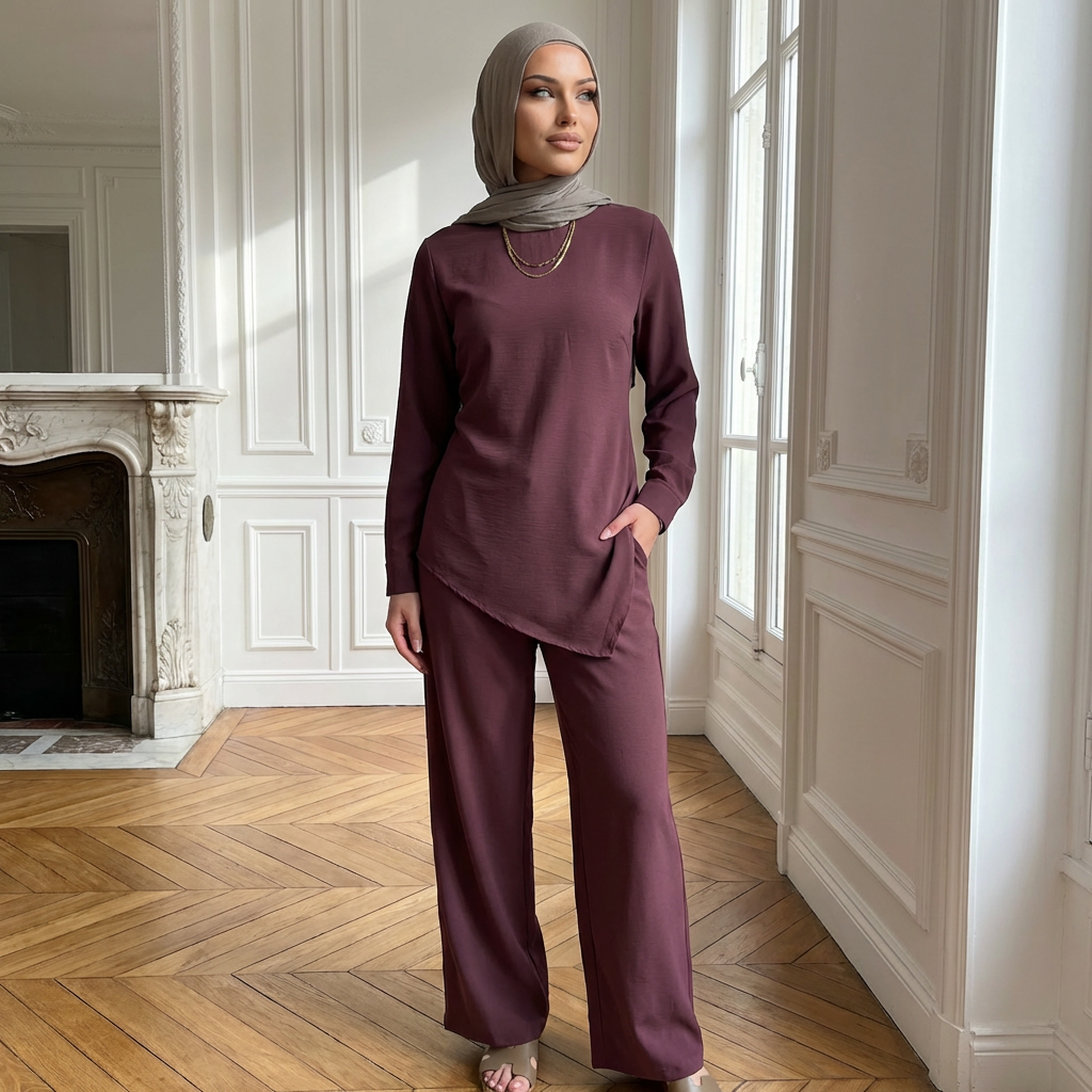 HA6614 Modest Nida Two-Piece Set with Waist Tie & Pocket Trousers
