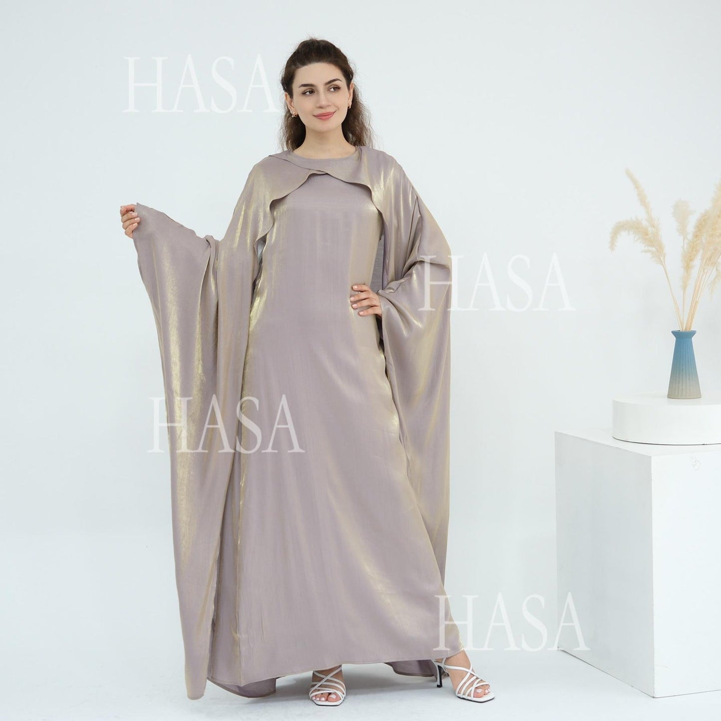 HA6584 Solid Color Beaded Loose Elegant Robe Dress