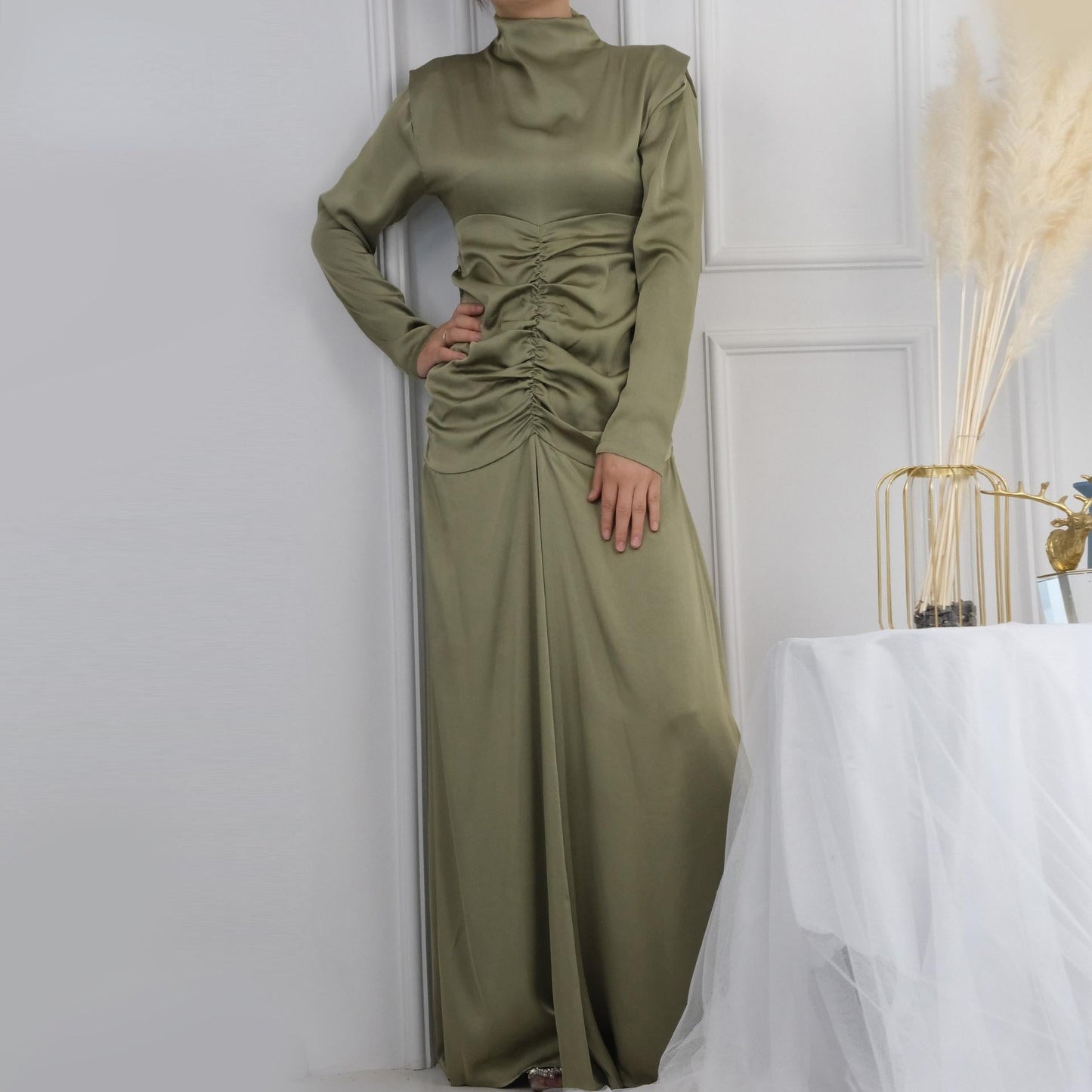 HAYA HAYA1020 Solid Color High Neck Slimming Robe Dress