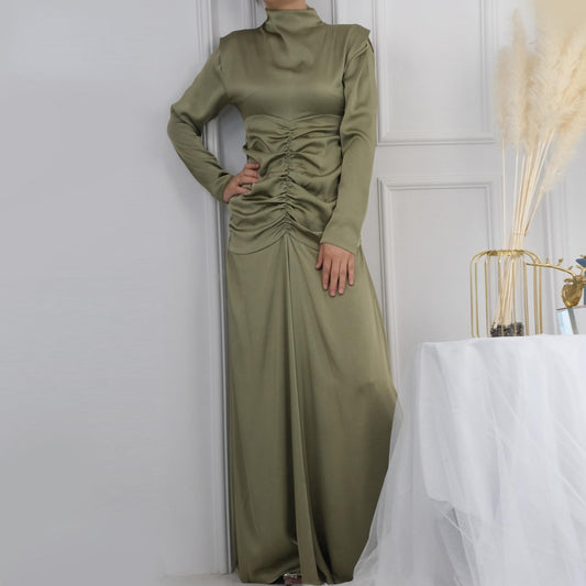HAYA HAYA1020 Solid Color High Neck Slimming Robe Dress