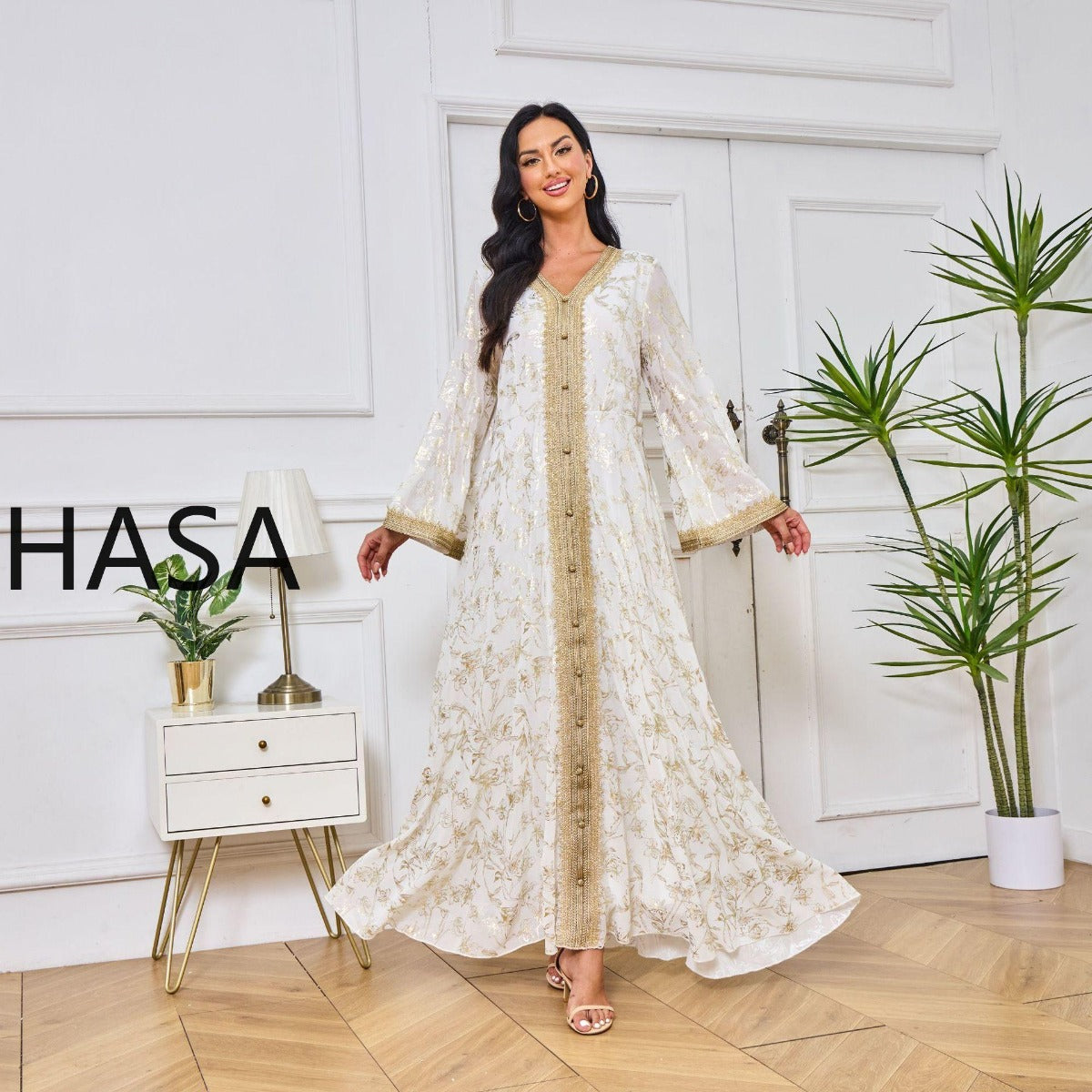 HA1249 Elegant Floral Abaya with Golden Detailing