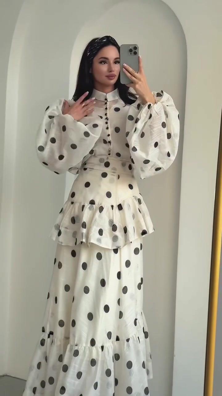 HS6732 Vintage Polka Dot Co-ord Set Puff Sleeve Blouse & Long Ruffle Skirt Outfit