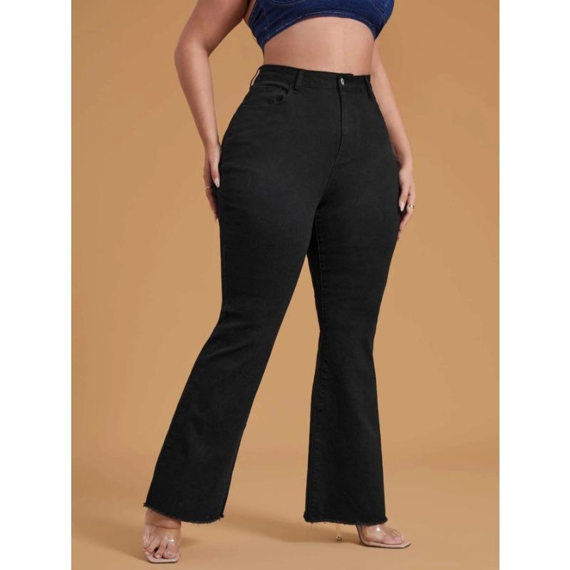 HS2331 Plus Size Black Stretchy Frayed-hem Wide-leg Flare Jeans
