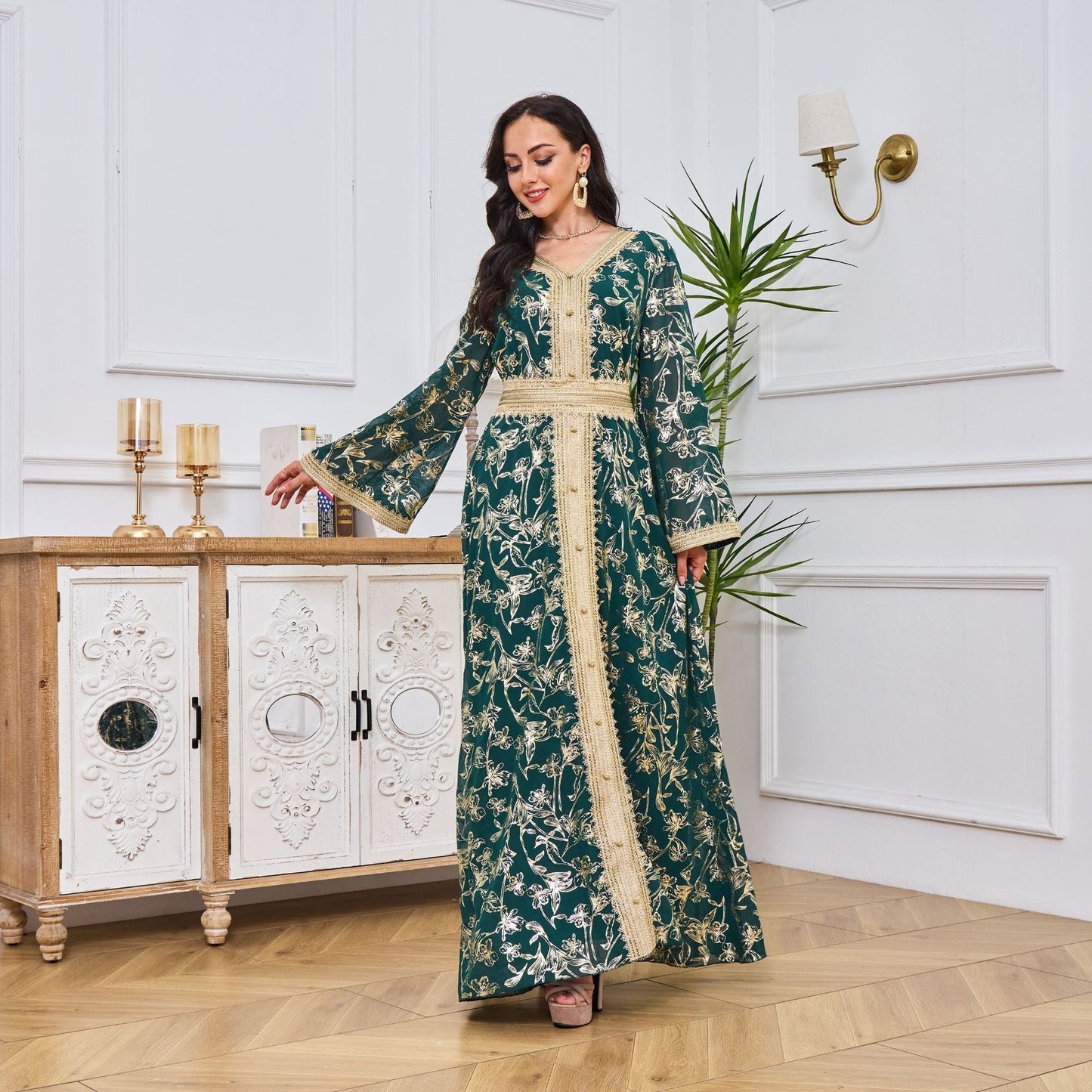 HA1249 Elegant Floral Abaya with Golden Detailing