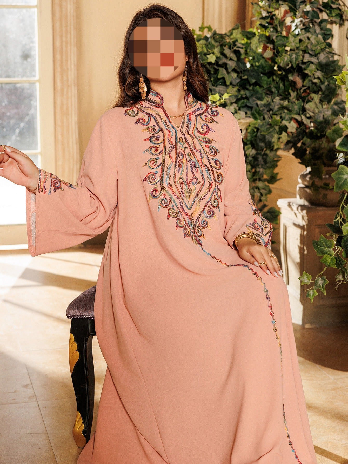HA6669 Pullover Embroidered Robe Dress with Simple Long Sleeves