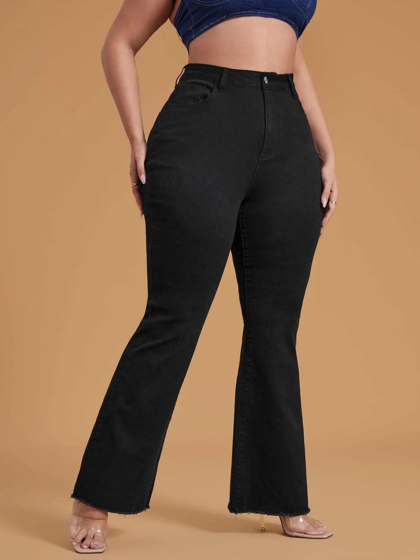 HS2331 Plus Size Black Stretchy Frayed-hem Wide-leg Flare Jeans