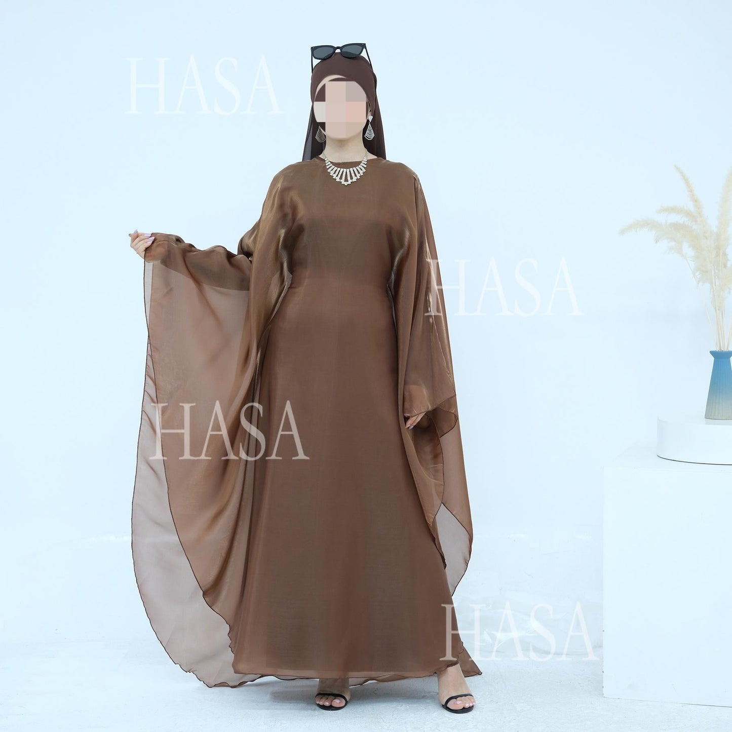 HA6524 Elegant two-piece solid-color robe and dress with optional headscarf