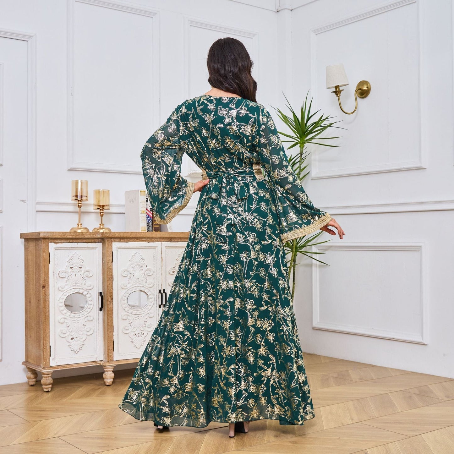 HA1249 Elegant Floral Abaya with Golden Detailing