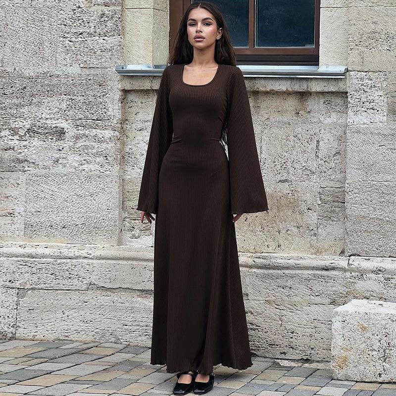 HAYA HAYA0676 Flared Long Sleeved High Waist Maxi Skirt with Lace-up Back