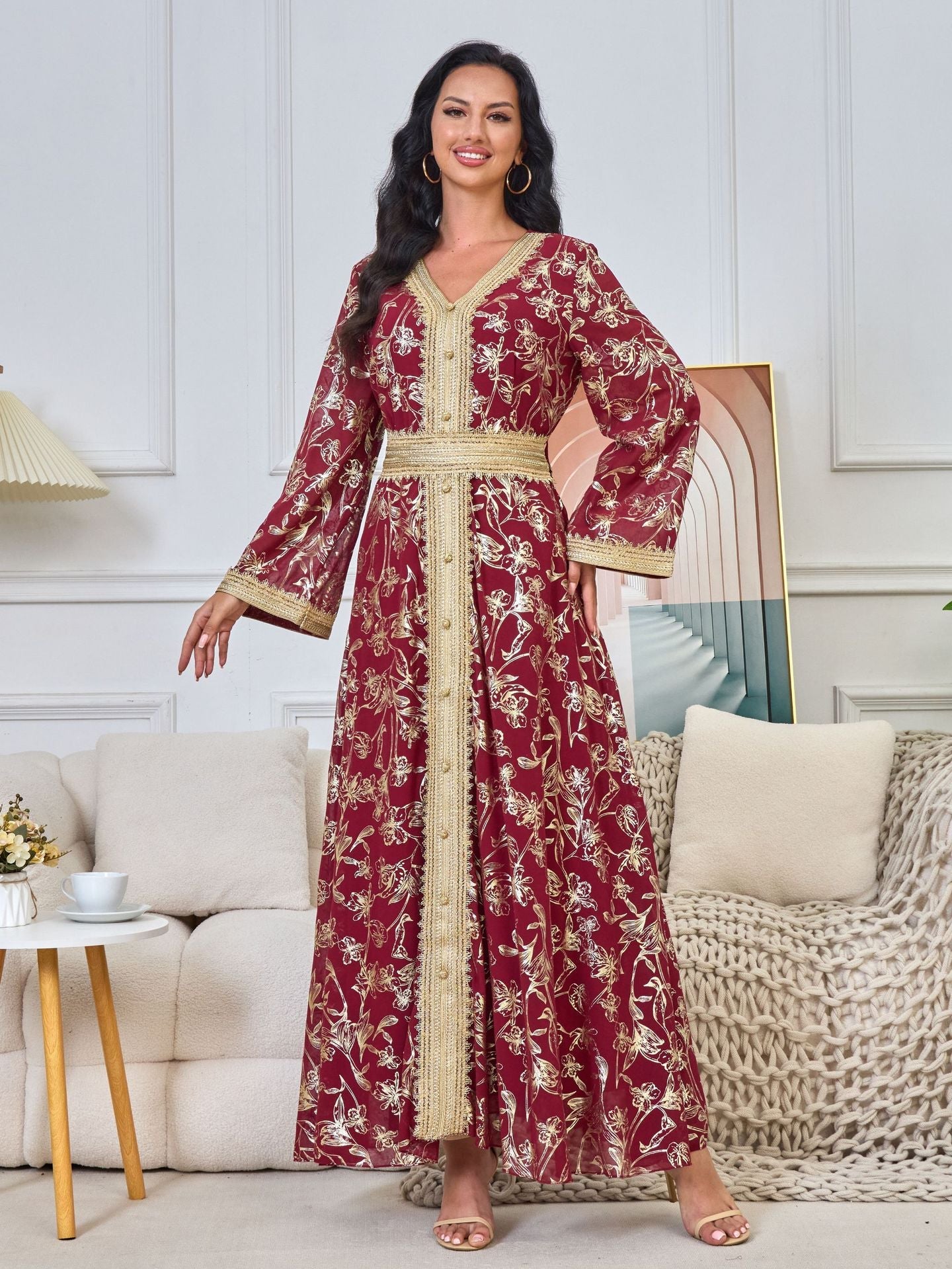 HA1249 Elegant Floral Abaya with Golden Detailing