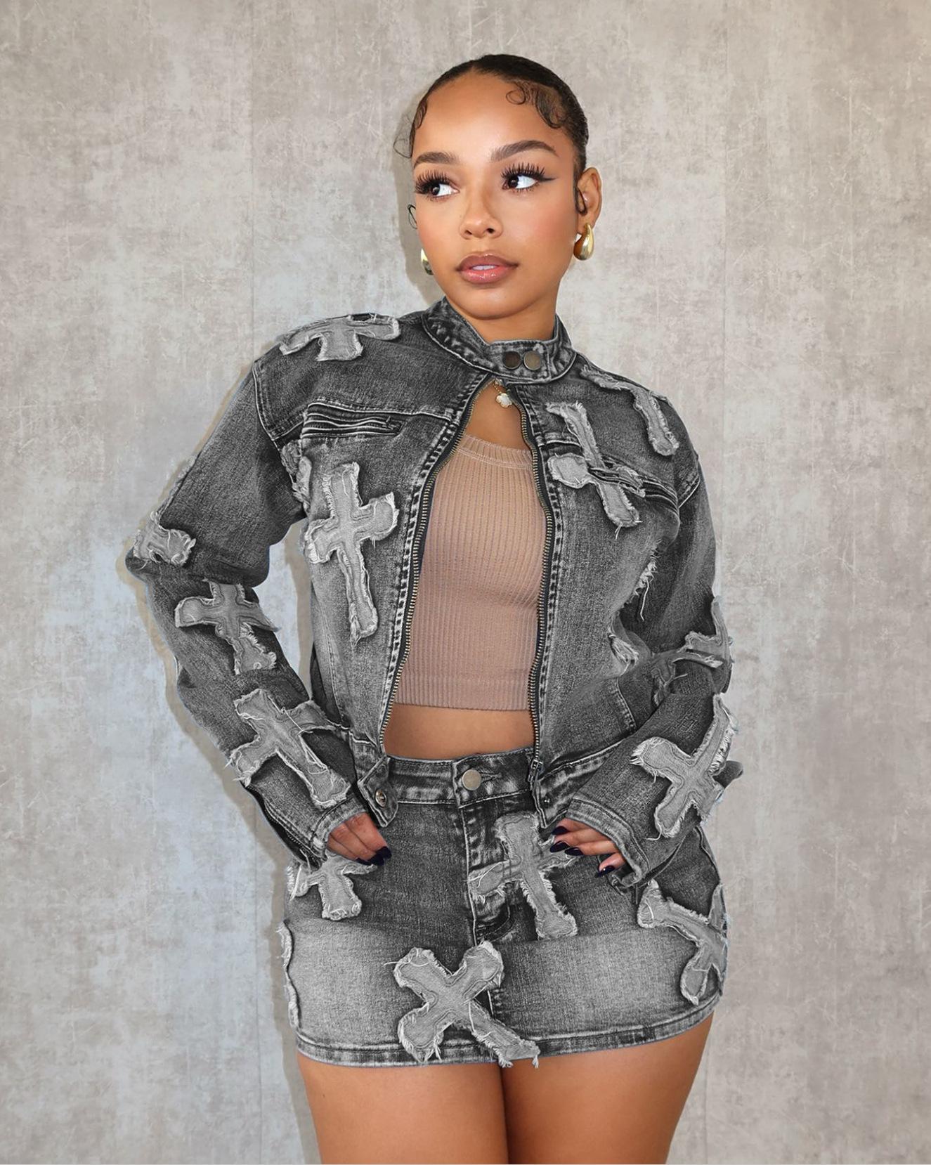 HS6391 Primavera Nuovo Set Gonna in Denim Set Giacca Gonna Ricamata in Denim