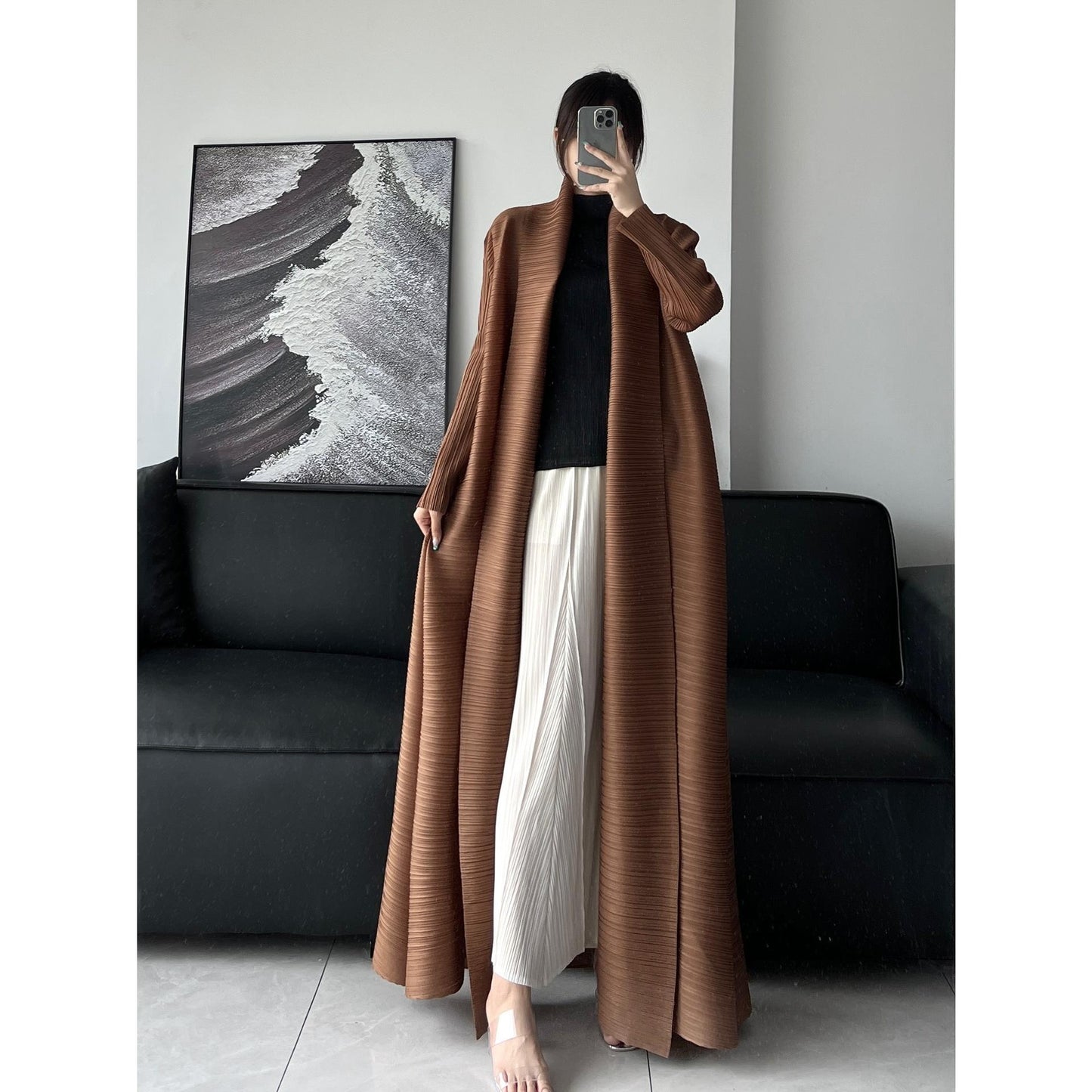 HS6729 Chocolate Crinkle | Brown Textured Open Abaya