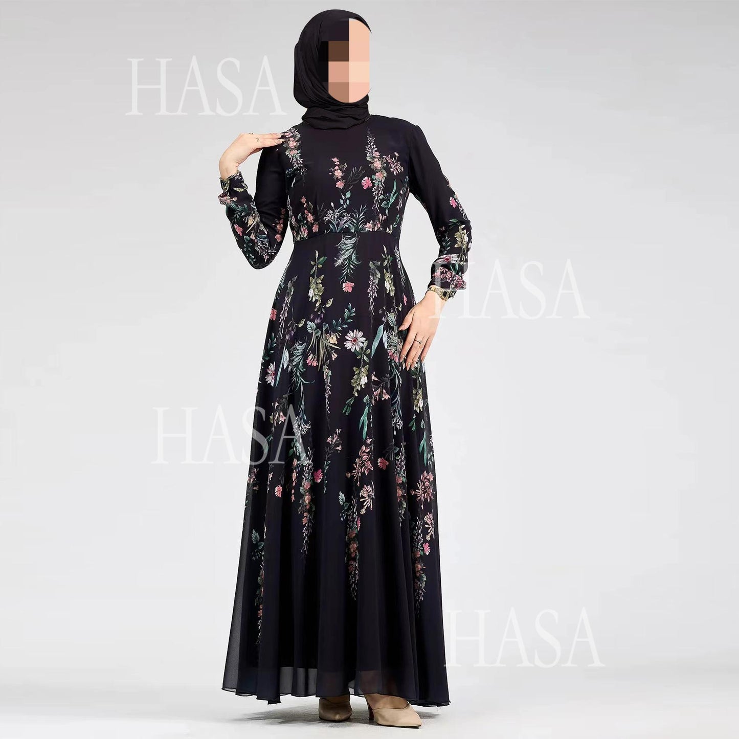 HA6531 Chiffon Printed Ankle-Length Maxi Dress with Long Sleeves