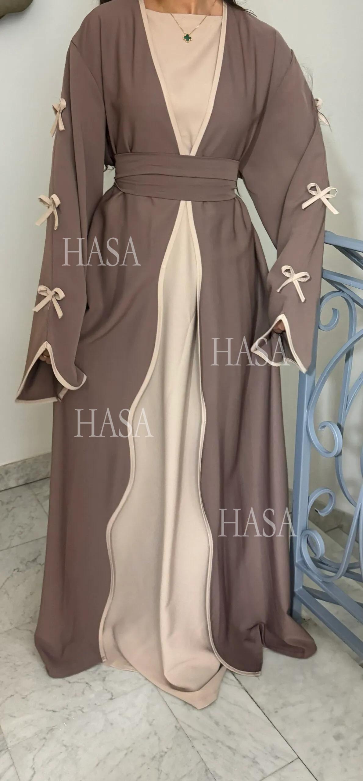 HA5883  A Two-piece Robe and Skirt Set with A Soft Bow and A Belt Design open abaya outfit