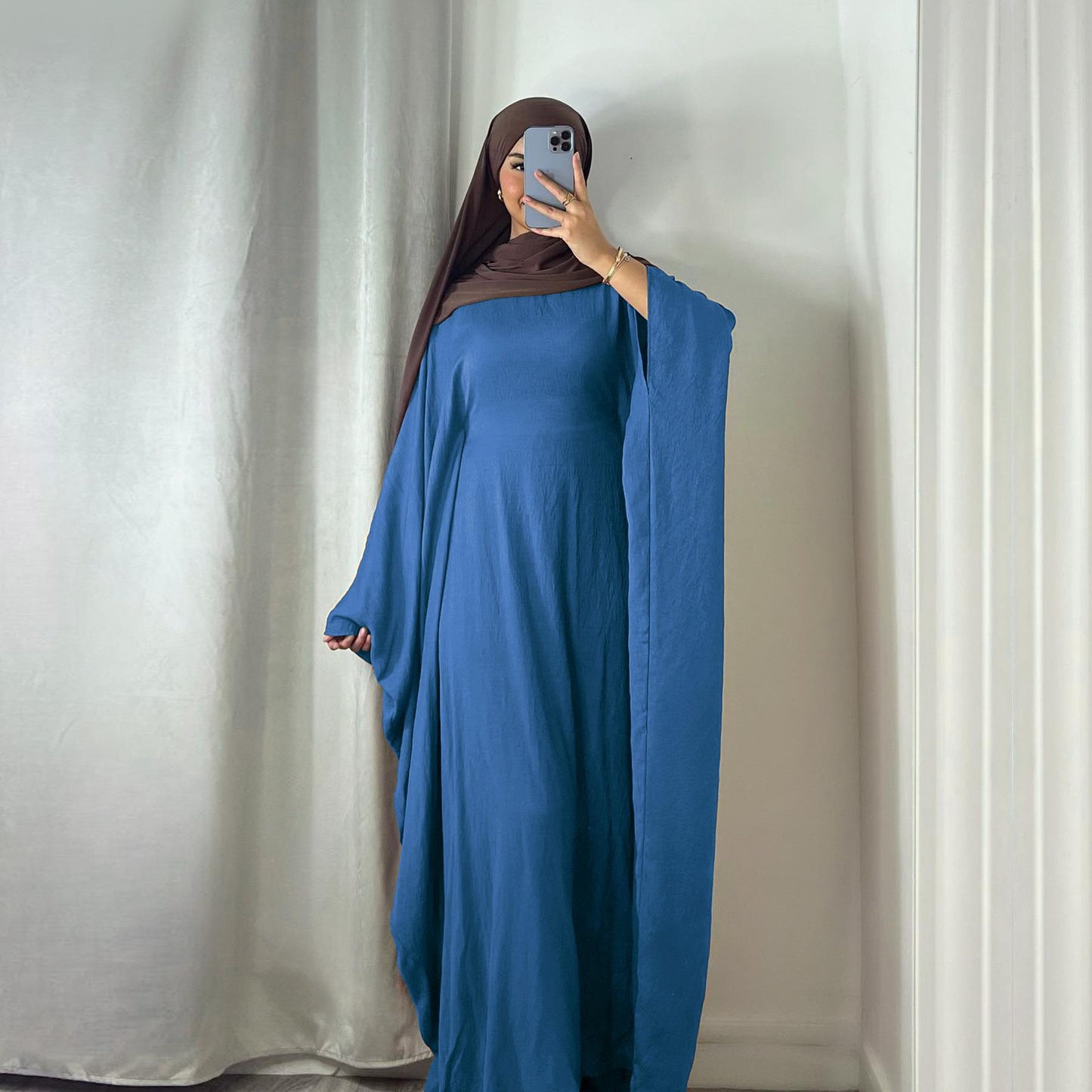 HAYA HAYA0997 Crepe Kaftan with Built-in Belt Waist Bat Sleeves Dress