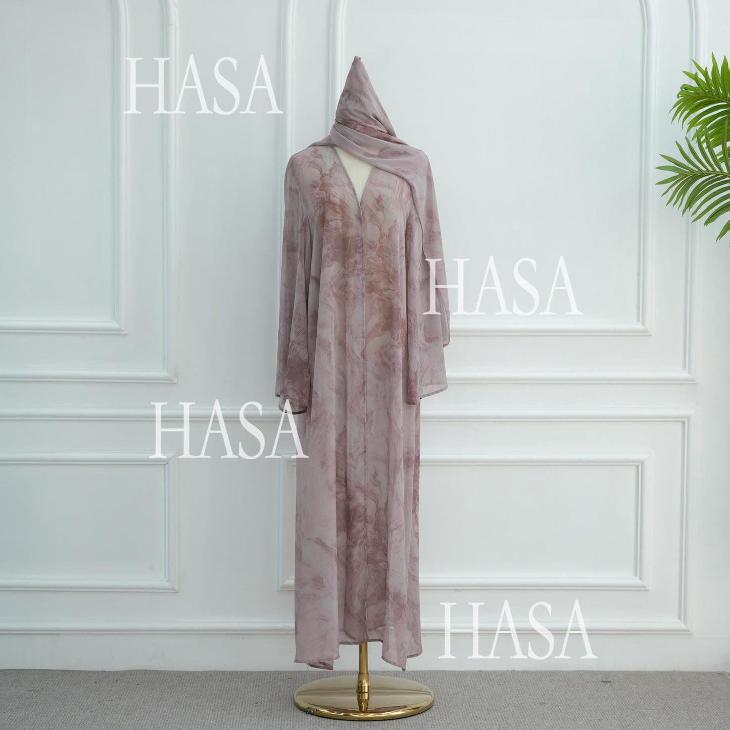 HA6551 Printed Abaya Cardigan with Matching Scarf Two-Piece Set